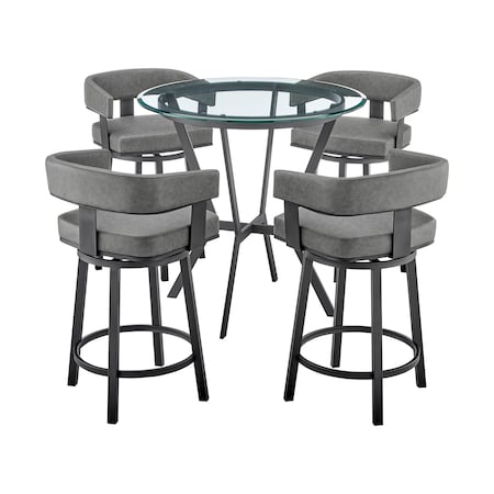 Armen Living Naomi and Lorin 5-Piece Counter Height Dining Set in Black Metal and Gray Faux Leather SETNMLRGRBL5